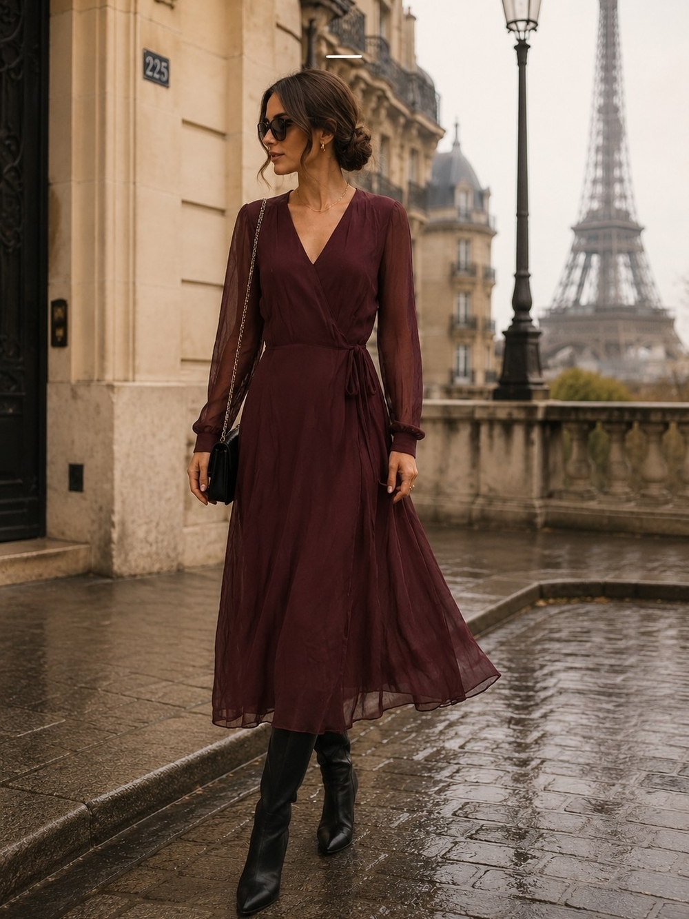 Aritzia Wilfred Lina Burgundy Wrap Midi Dress with Sheer Long Sleeves